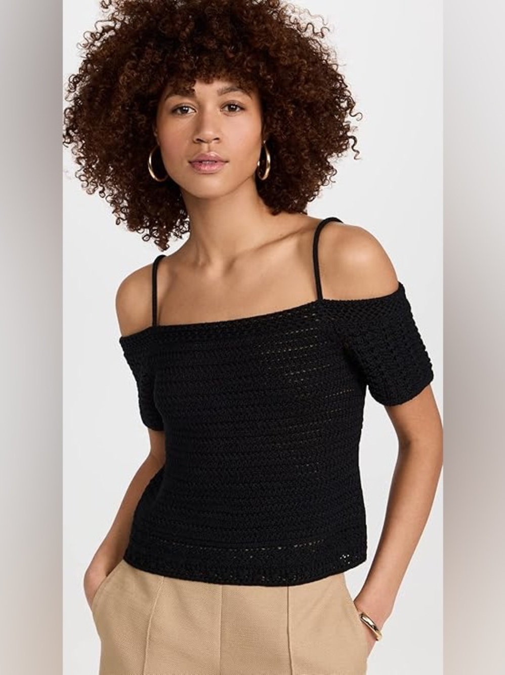 VINCE / Crochet Knit Textured Short Sleeve Off-Shoulder Black Top - Sz M - NWT